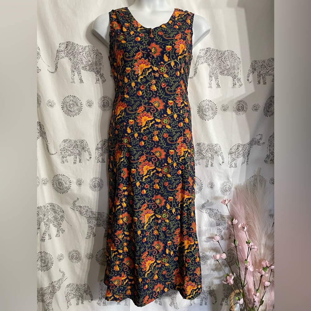 Women’s Medium Meant To Be MTB Full Length Sleeveless Boho Floral Dress Blue NEW